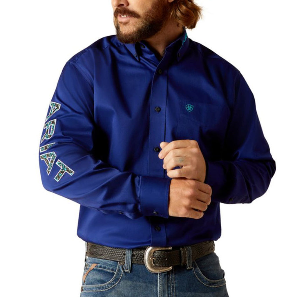 ariat royal blue dress shirt Men's Ariat Royal Blue Letter Fitted Shirt Moreno's Wear