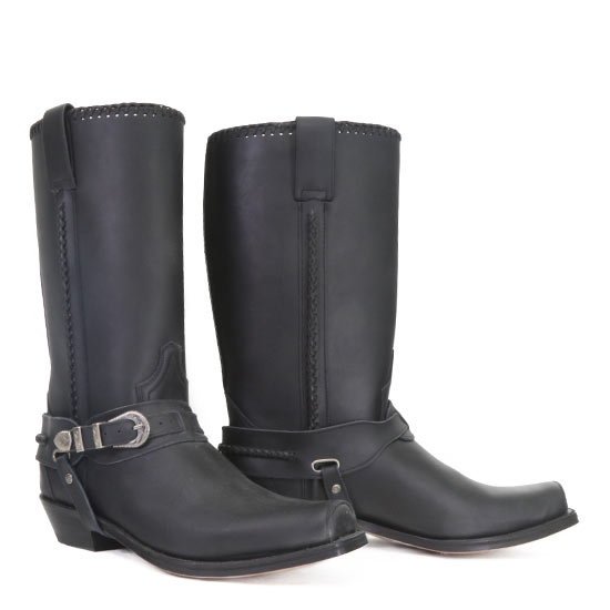 Vakantie Barcelona Maria Sendra: Alcalas Western Wear Men's Polished Black Leather cowboy Boots  <br>• Decorative Removable Leather Harness <br>• Hand Made Leather Plaiting  On Leg <br>• Genuine Leather Sole <br>• Made in Spain<br>Leather:  Cowhide<br>Toe: Square<br>Heel: