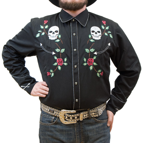 Scully: Alcalas Western Wear Black With Skulls Roses & White Piping ...